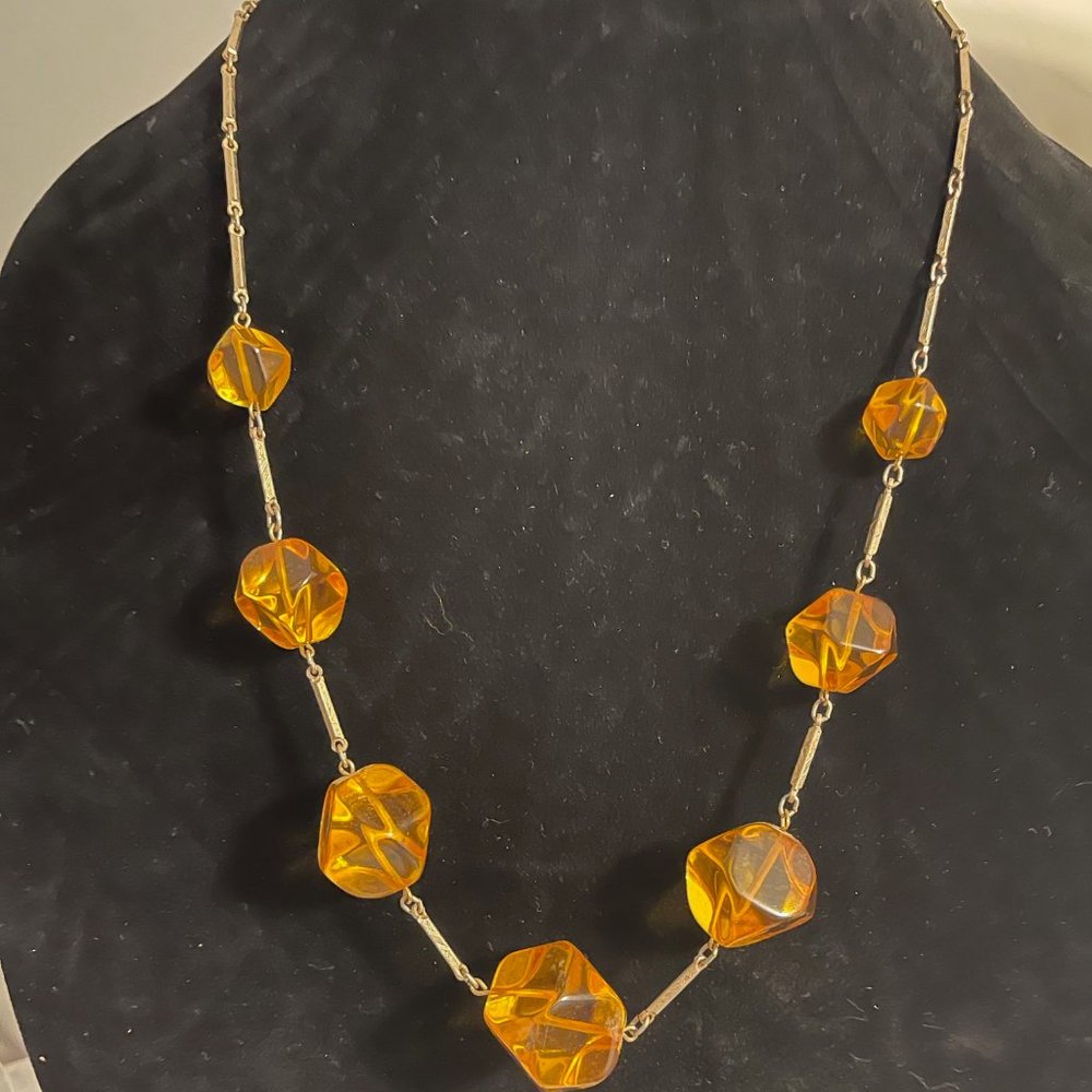 Amazing Vintage Plastic "Liquid" Amber Beaded Necklace w/ Gold-links Chain!